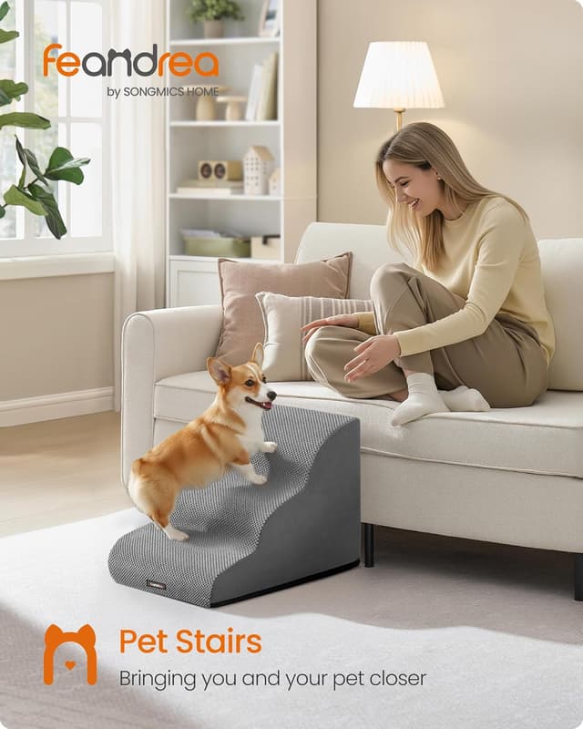 Detalle 2 de Feandrea 3-Step Dog Stairs (Dove Grey) with Removable Waterproof Cover – Gentle Slope PPS013GD01