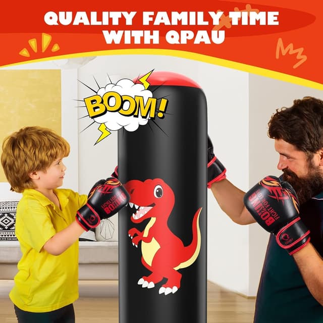 Detalle de QPAU Inflatable Kids Punching Bag (66 Inch) with Dinosaur Boxing Gloves, for Ages 3–8
