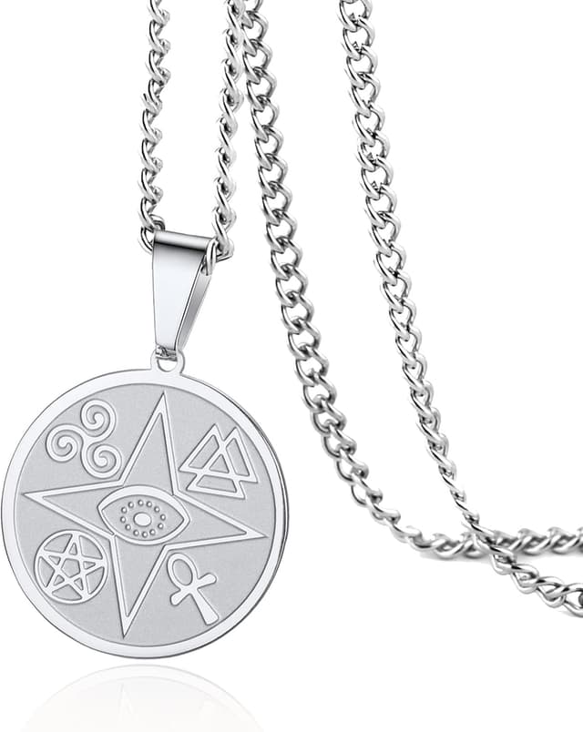 Detalle de VASSAGO Evil Eye Halskette mit Ankh, Pentagramm, Spirale & Valknut – keltische Schutzamulett Kette