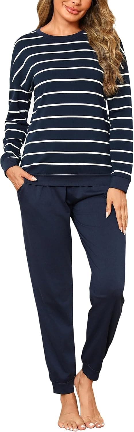 Detalle de Ensemble pyjama femme Bresdk en coton rayé, manches longues et pantalon hiver