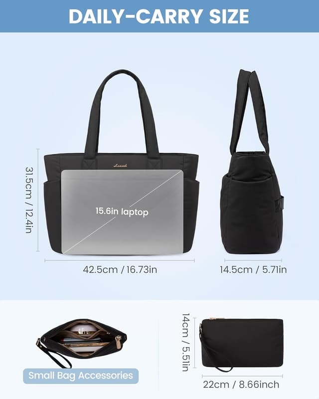 Detalle de LOVEVOOK women’s lightweight puffer tote bag with zip and padded laptop compartment