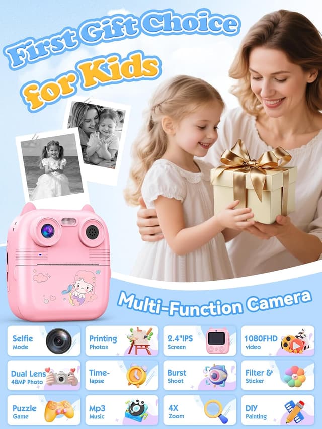 Detalle de Macchina Fotografica Bambini Istantanea 48MP Dual Camera con stampa su carta, schermo 2,4” e 32GB (rosa)
