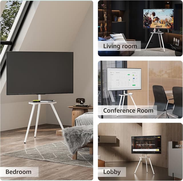 Thumbnail 6 de ECOTINY TV Easel Tripod Stand (White) for 43–65 inch TVs – height-adjustable, swivel ±45° with wooden tray