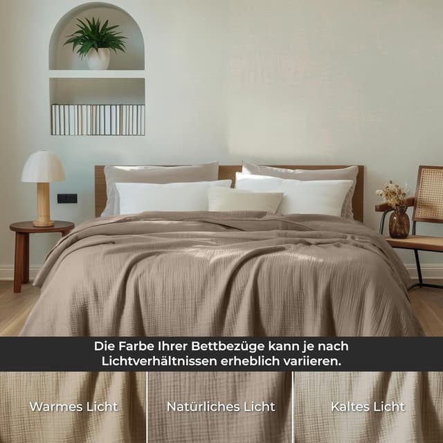 Detalle 2 de Dreamzie Musselin Tagesdecke 220x240 cm (Baumwolle, Oeko-Tex) – Taupe