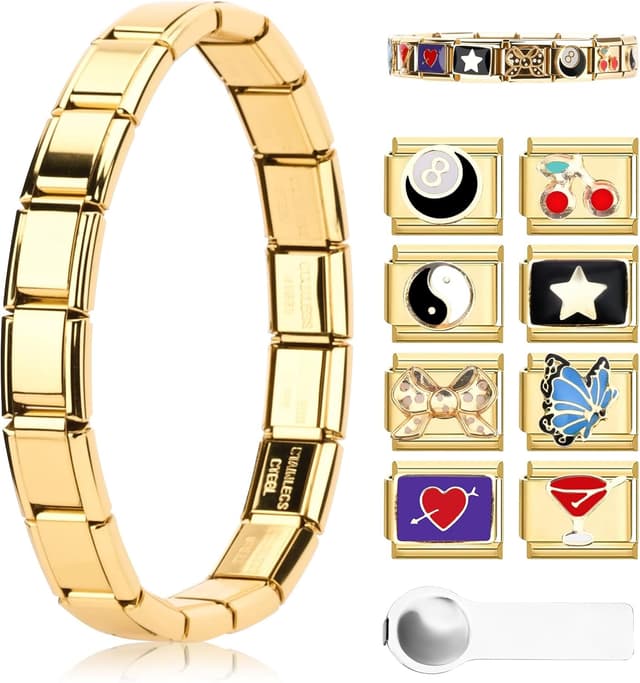 Detalle de Ouxayapl Italian Charm Armband Gold-Set mit 18 Grundgliedern, 8 Charms und Öffnungswerkzeug (DIY)
