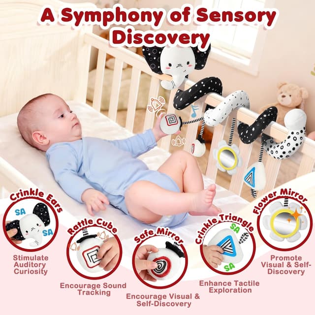 Detalle 2 de URMYWO Spiral Pram Toy for Newborns (0–12 Months) – Black & White High-Contrast Rattles with Giraffe & Hedgehog