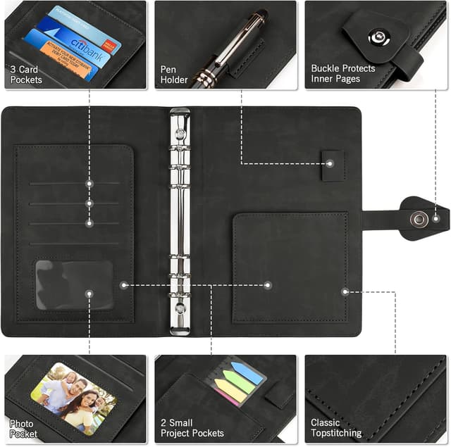 Detalle de PU Leather A5 Ring Binder Notebook with 6 Rings, 200-Sheet Refill Pack & Dividers (Black)