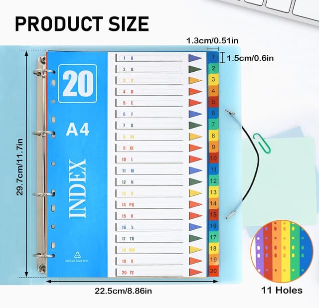 Detalle de XHDA A4 Part Dividers (1–20) – 5 Pack Multi-Colour PP Plastic Index Tabs for 11-Hole Ring Binders