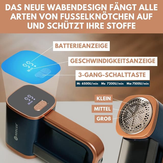 Detalle de WiredLux elektrischer Fusselrasierer (USB-wiederaufladbar) mit LED-Licht und 3 Geschwindigkeiten