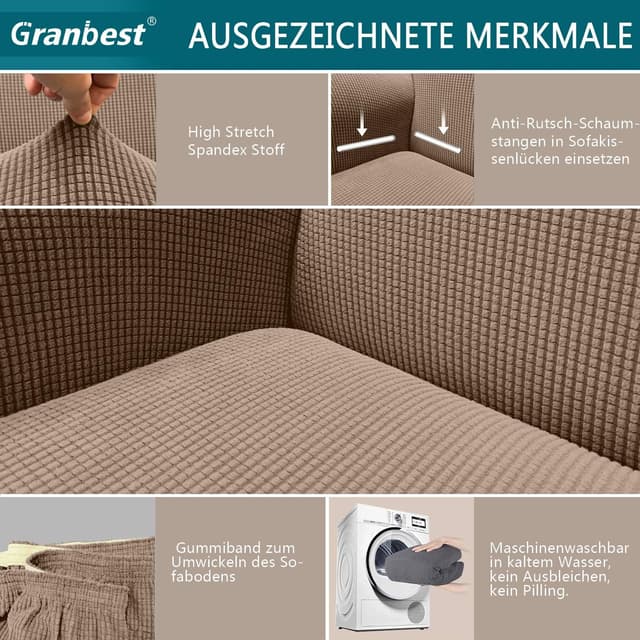 Detalle de Granbest copridivano elasticizzato ad alta elasticità con fondo antiscivolo (3 posti) in jacquard color sabbia