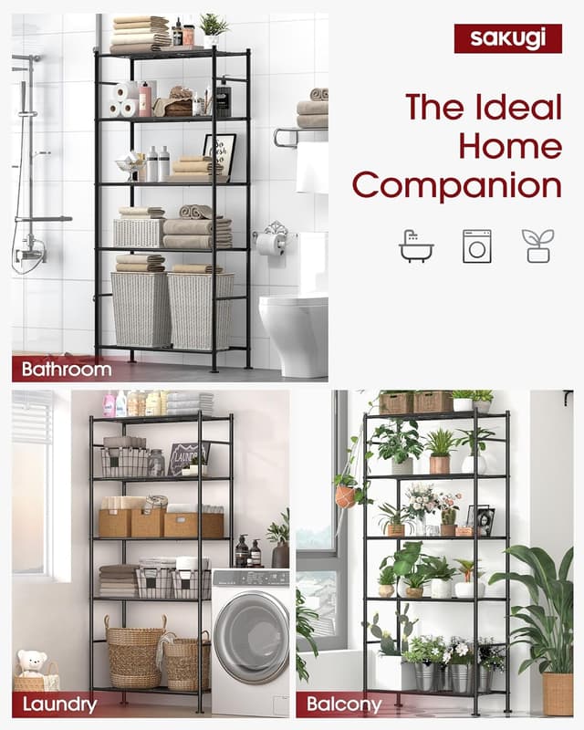 Detalle 2 de Sakugi Storage Shelves 5-Tier Metal Shelving Unit with Leveling Feet (Black) – 72" H, Garage/Closet/Pantry Organizer