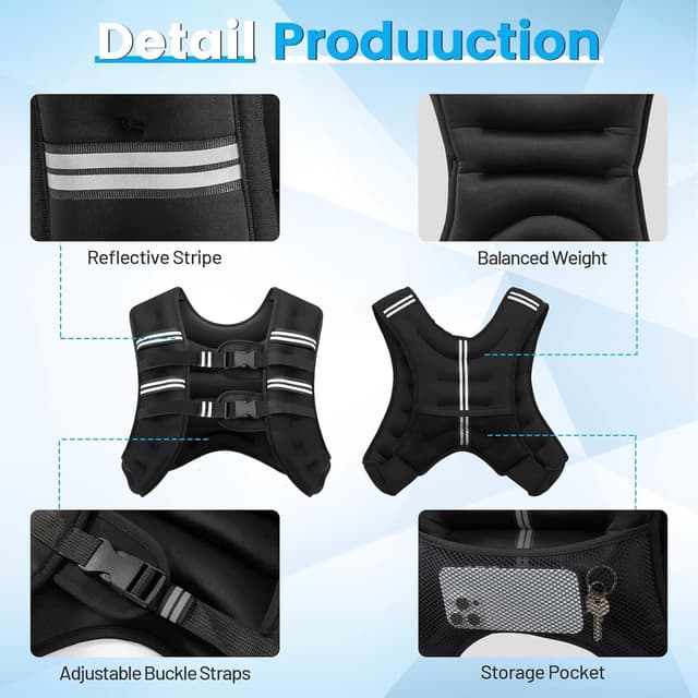 Detalle de Ragebby Weighted Vest (6lb/8lb/12lb/16lb/20lb/30lb) with Reflective Stripe — Adjustable for Training