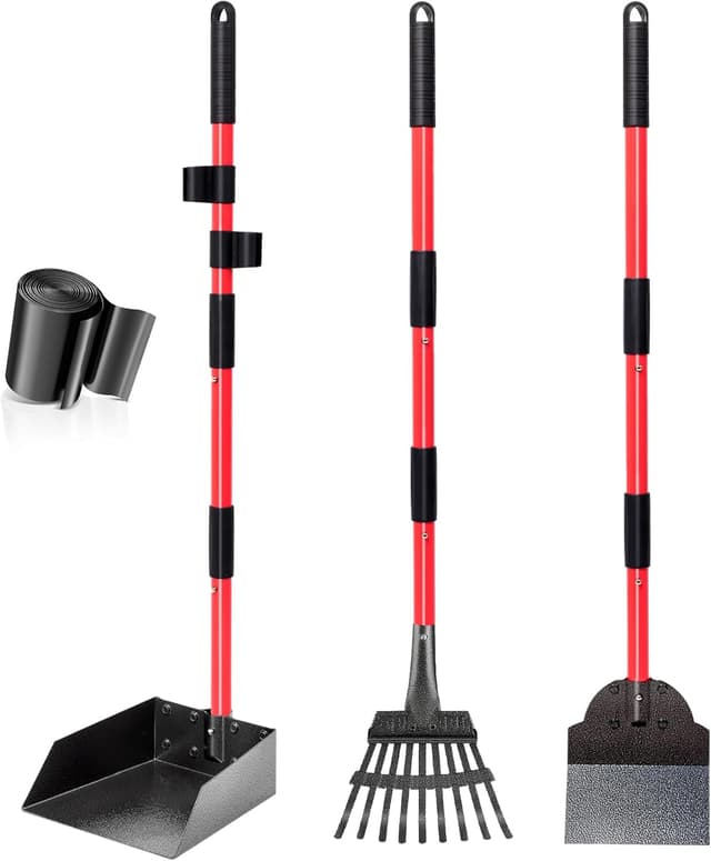 Detalle de Dog Pooper Scooper Tray, Rake & Shovel Kit with Adjustable Metal Long Handle (plus 10 Waste Bags)