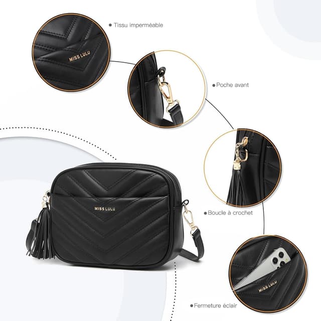Detalle 2 de Miss LuLu sac à main femme à bandoulière amovible en cuir synthétique texture V avec pompons
