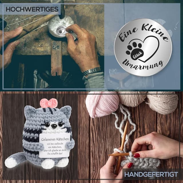 Detalle de Tixlux Pocket Hug Positive Katze – handgefertigte Strick-Katzen Dekofigur mit Glücksbringer für Mitbringsel