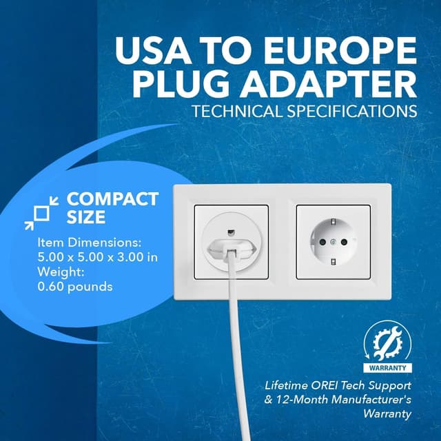 Detalle 2 de OREI USA to Europe Plug Adapter (Type E/F Schuko) — Travel Plug Converter, 6-Pack for Germany & France