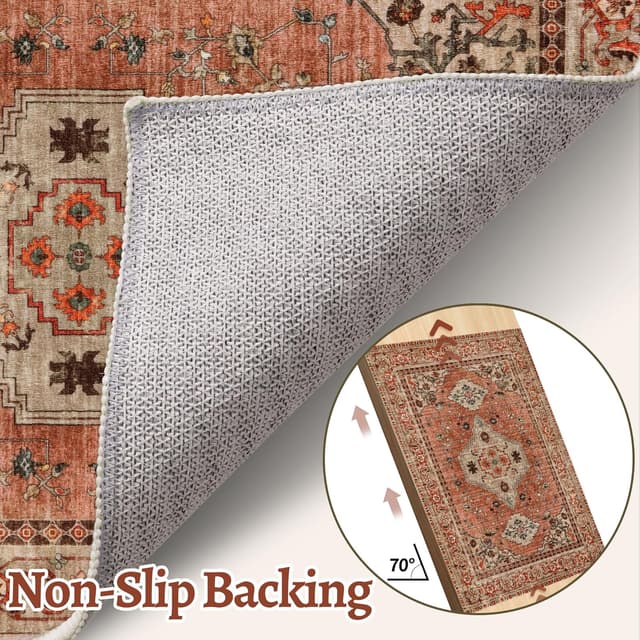 Detalle 2 de Tangsoo Boho 6x9 Washable Area Rug with TPE Non-Slip Backing, Low Pile Terracotta Print (Oriental Vintage)
