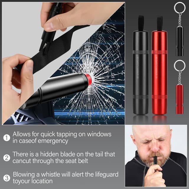 Detalle 2 de Zikenis 2 pezzi martello di sicurezza auto con tagliacinture e rompivetro (nero + rosso)