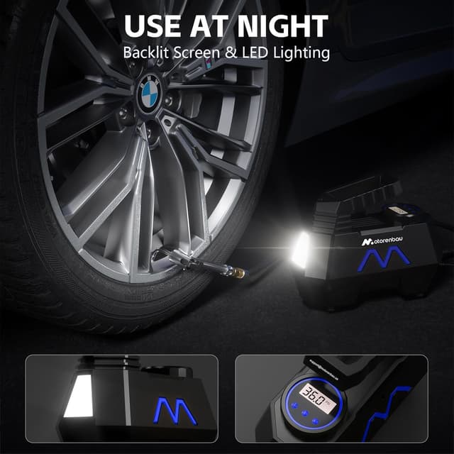 Detalle de Motorenbau Gonfleur de pneus portable 12 V avec manomètre numérique et LED (jusqu’à 150 PSI)