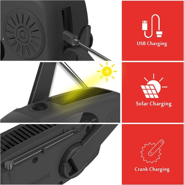 Detalle 2 de iRonsnow 2000mAh wind-up solar emergency crank weather radio (NOAA/FM/AM) with torch & USB-C phone charging
