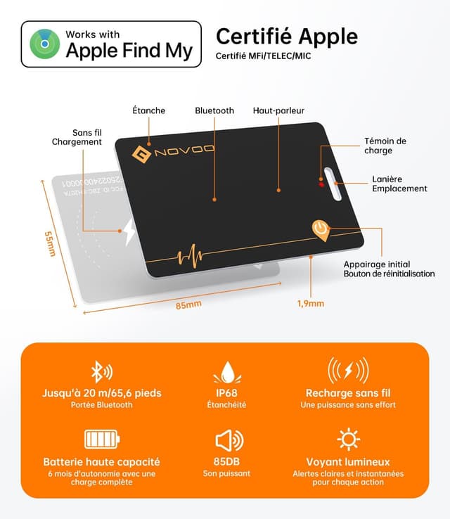 Detalle de NOVOO Carte SmartTag fine rechargeable étanche IP68 compatible Apple Find My (iOS uniquement)