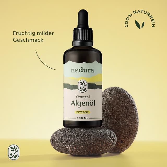 Detalle 2 de nedura® Omega 3 Algenöl mit Zitronenöl (vegan) – natürliches DHA & EPA, laborgeprüft, 100 ml