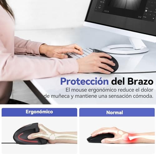 Detalle 2 de TECKNET ratón vertical ergonómico con cable silencioso, 6400DPI y 6 botones (USB 1,5 m, negro)