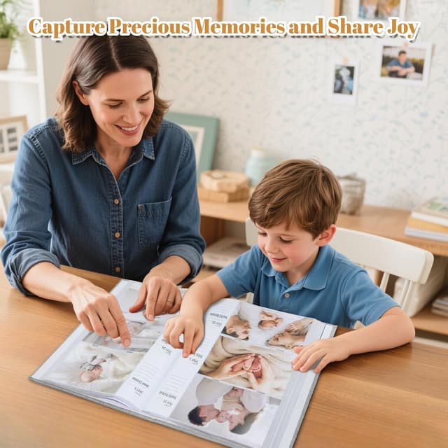 Detalle de EARLY MINDS Baby-Fotoalbum 10x15 mit 300 Taschen, Memo-Bereich & Hand- und Fußabdruck-Kit (Leinenabdeckung, Frontfenster, grau)