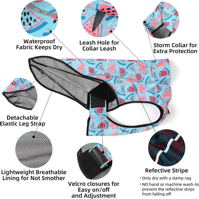 Detalle 2 de Mile High Life Dog Raincoat – Adjustable Waterproof Pet Jacket with Reflective Strip (Light Blue Watermelon, X-small)