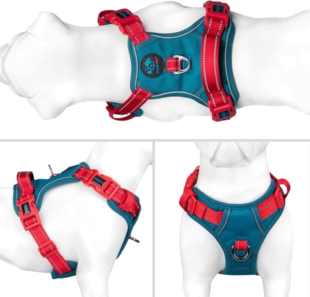 Detalle de PHOEPET No Pull Dog Harness with Escape Proof Adjustable Vest, Reflective, Teal Base & Red Straps (Size M)
