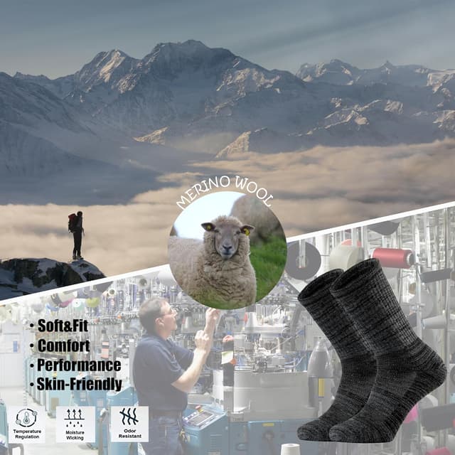 Detalle 2 de Ortis Men’s Extra-Fine Merino Wool Cushioned Crew Socks (Light Moisture Control) for Hiking & Outdoor Work