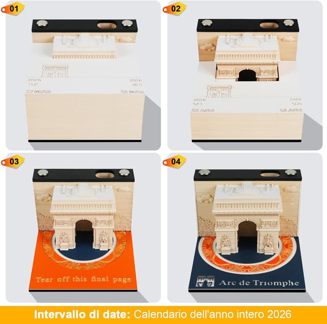 Detalle de Calendario 3D 2026 Arco di Trionfo di Parigi in carta da strappare