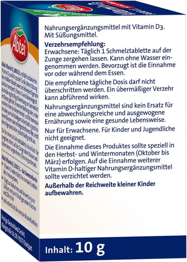 Detalle de Abtei Vitamin D3 3000 I.E. Schmelztabletten (75 Stück) – unterstützt Immunsystem und Knochen