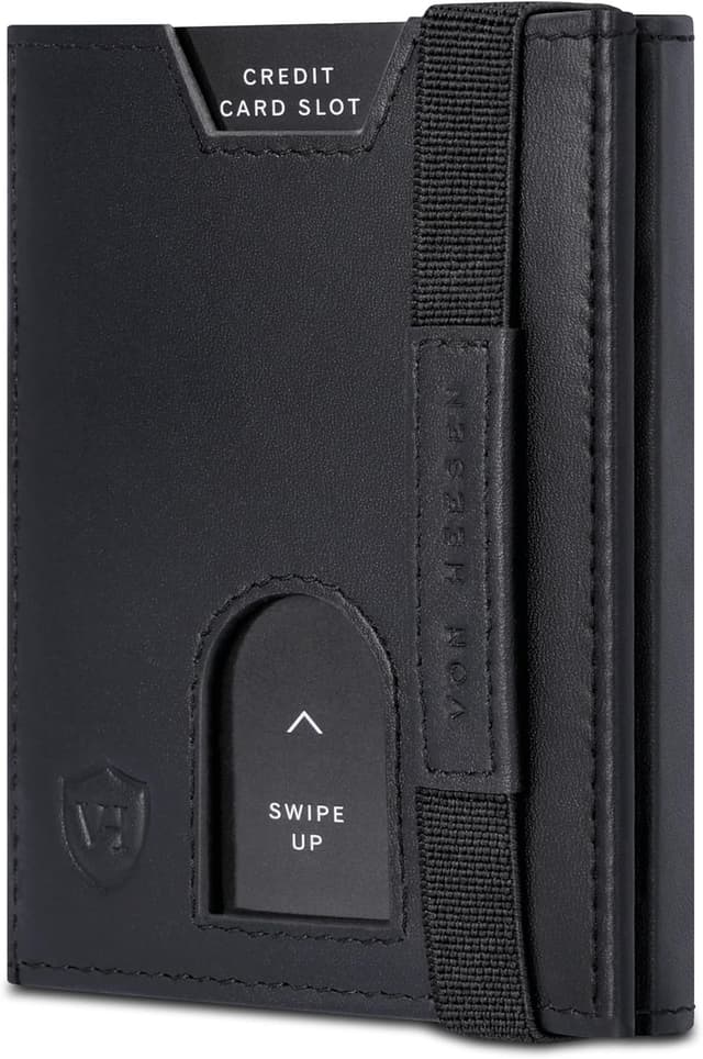 Detalle de VON HEESEN Slim Wallet mit XL Münzfach & RFID-Schutz – Nappa-Leder Kartenetui klein (schwarz, glatt)