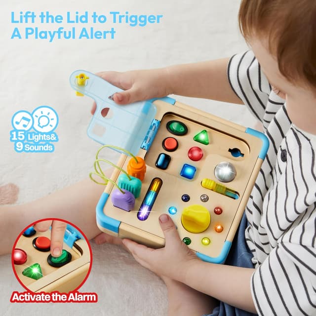 Detalle de lalalark Montessori Busy Board Wooden Activity Board with 15 LED Lights and 9 Sound Effects