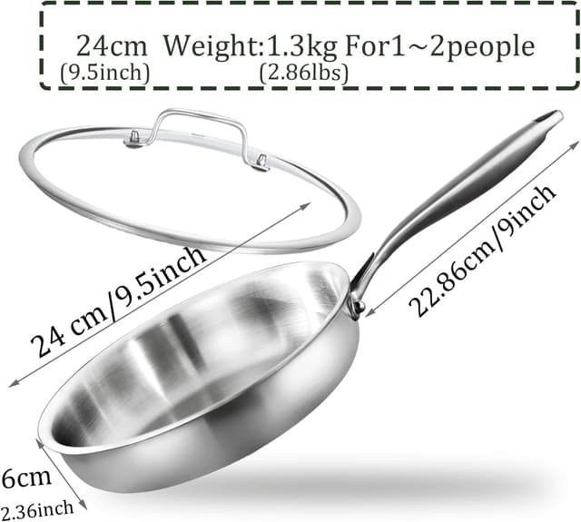 Detalle de DELARLOCHEF Dreilagige Edelstahl-Bratpfanne mit Deckel, 24 cm – induktionsgeeignet und ohne Beschichtung