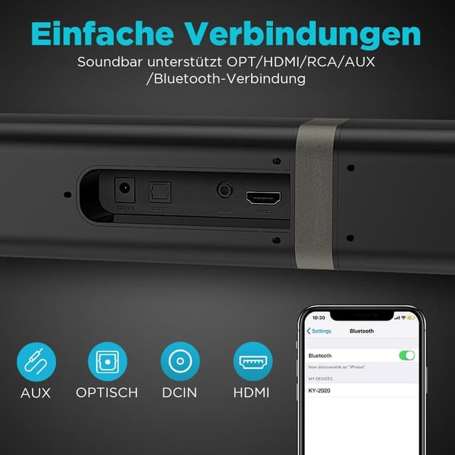 Detalle de HoYLluDLL 2.0-Kanal Soundbar für TV (abnehmbare 2-in-1 Soundbar, Bluetooth, ARC/optisch/Aux, 3 EQ-Modi)