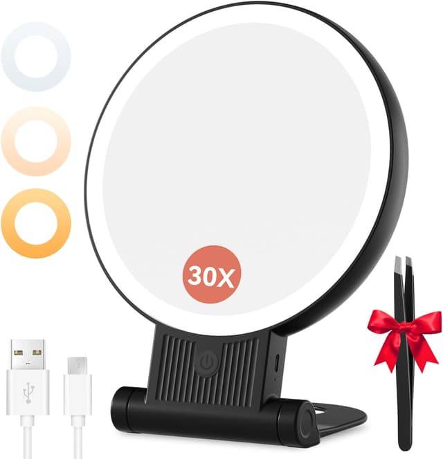 Detalle de Auxmir Kosmetikspiegel mit Beleuchtung – 30X/1X doppelseitig, dimmbar, 3 Lichtfarben, 2000 mAh, faltbar