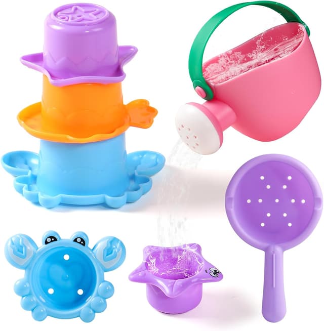 Detalle de Bath Toys For 1 2 3 Year Olds – 5pc Mould-Free Toddler Bath Toy Set (Stacking Cups, Watering Can & Scoop)