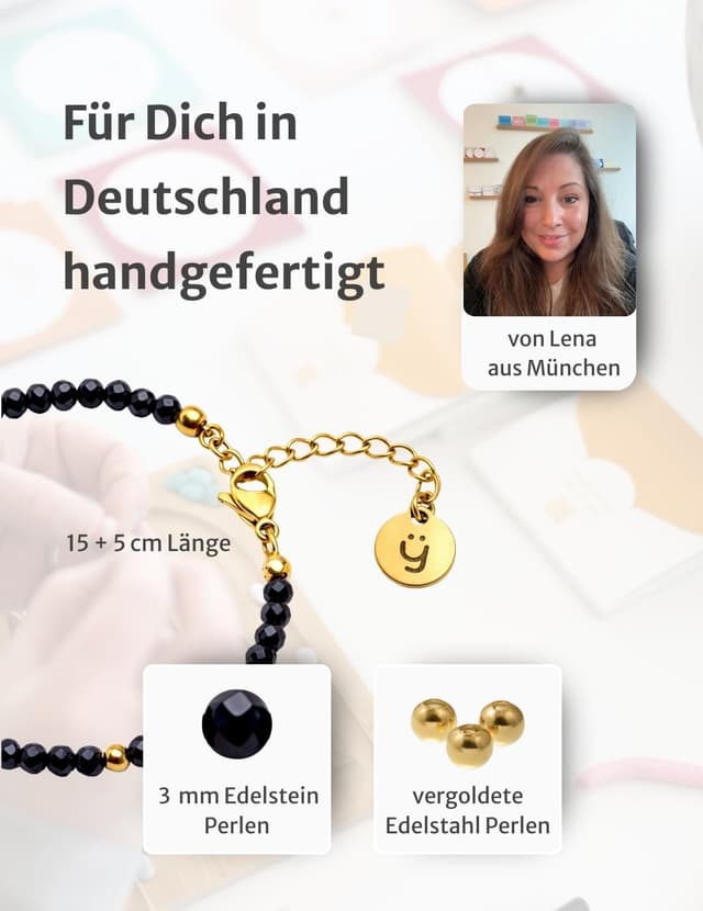 Detalle de happymaker Edelstein-Perlenarmband mit schwarzem Turmalin (925 Sterling Silber oder vergoldete Perlen) inkl. Verlängerungskette