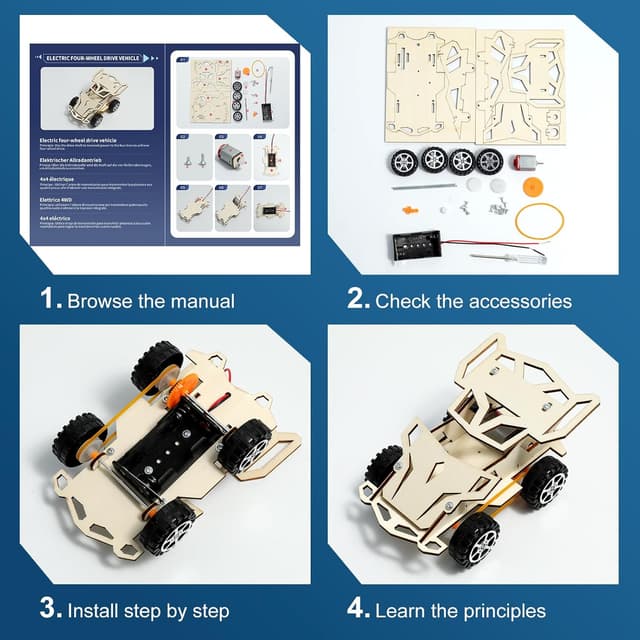 Detalle de STEM Car Toys 6-in-1 Wooden Engineering & Electronics Kit (Age 8–14) — Build 6 Vehicles