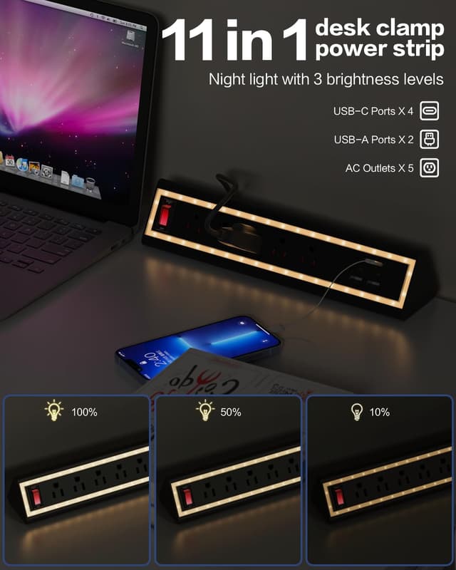 Detalle 2 de NYYTGE Desk Clamp Power Strip with Nightlight, 5-Outlet 40W Fast Charging (6ft Cord) — Fits 1.69-Inch Table Edges