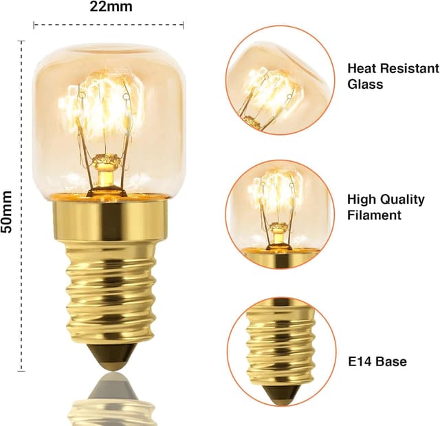 Detalle 2 de Caldarax 10er-Set Backofenlampe E14, dimmbar (E14 T22) warmweiß 2700K, bis 300°C – Ersatzglühbirne für Ofen & mehr