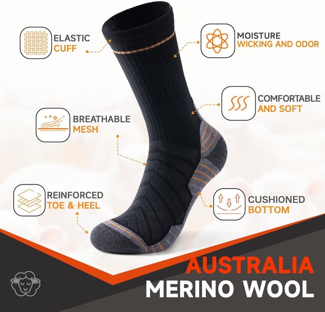 Detalle 2 de Alaplus Hiking Socks for Women & Men – cushioned breathable merino wool crew socks, 3 pairs