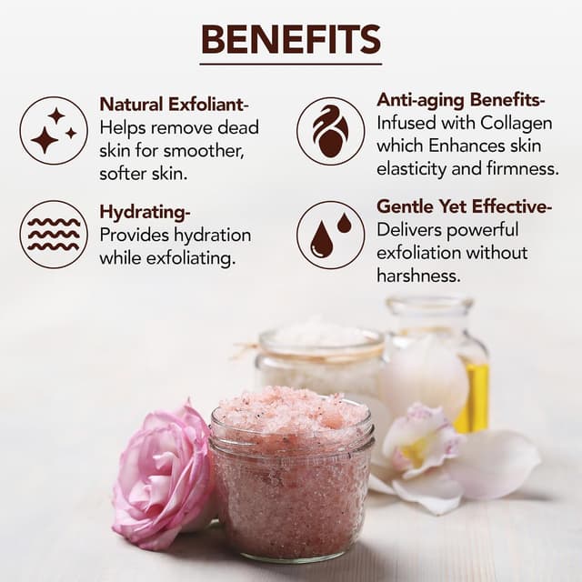 Detalle de Majestic Pure Himalayan Pink Salt Body Scrub with Collagen & Sweet Almond Oil (10 oz) — Exfoliating Salt Scrub for Smooth, Hydrated Skin