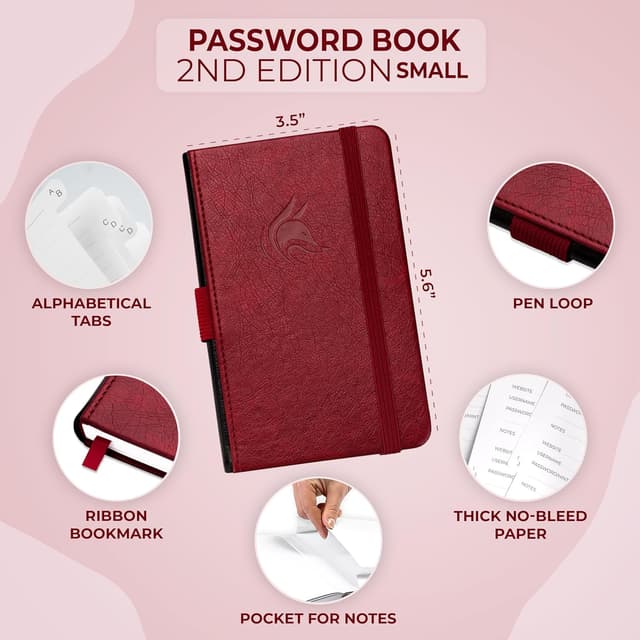 Detalle 2 de Clever Fox Password Book 2nd Edition Small (Wine Red) – Pocket password keeper with laminated alphabetical tabs
