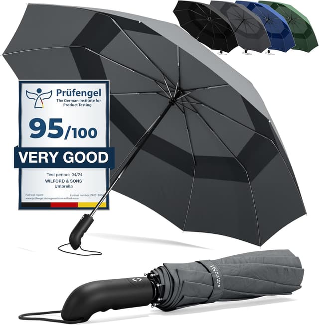 Detalle de Wilford & Sons Umbrella Windproof Compact (Auto Open/Close) – Double Canopy Travel Brolly, Teflon Water-Resistant, Grey