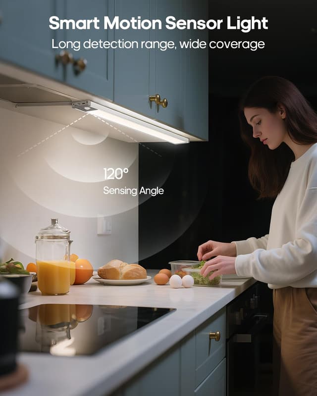 Detalle de GOODEA 44.5cm Under Cabinet Kitchen Lights (4500mAh) – Motion Sensor, 3 CCT Dimmable Magnetic Mount, 4 Pack