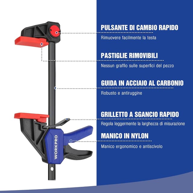 Detalle de WORKPRO set di 2 morsetti da falegname a sgancio rapido, barra fino a 150 mm e portata fino a 68 kg