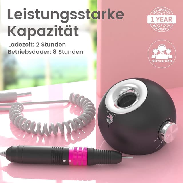 Detalle de Elektrische Nagelfräser für Gelnägel (bis zu 35.000 U/Min) – wiederaufladbare Nagelfeile für Maniküre & Pediküre, 6 Bohrer-Set – Grau